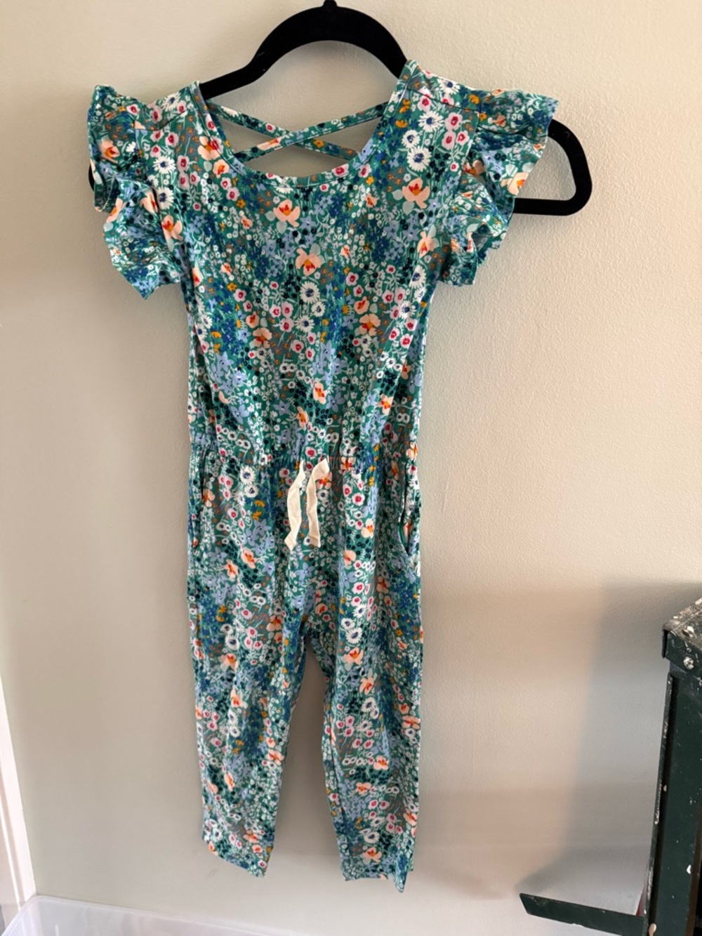 Girls size 5 Tea Collection Teal Floral One-Piece Romper with Ruffle Sleeves